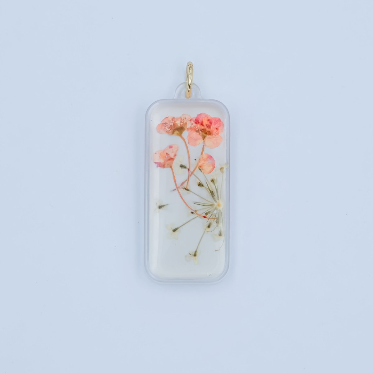 Handmade Pressed Poppy Baby's - breath Flower Rectangular Resin Charm | N063 - DLUXCA
