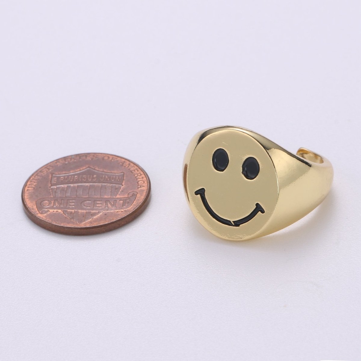 OS Happy Face Ring , Signet Ring , Smiley Face Ring , 90s Jewelry Gold Enamel Ring , Adjustable Ring , Chunky Bold Open Ring O-319