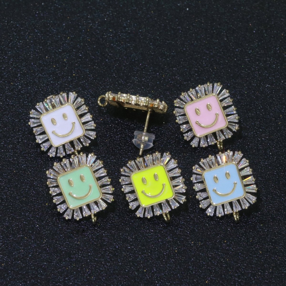 Happy face stud earrings, Tiny smiley face studs, simple gold stud earrings, Square Gold Studs, happy face studs with open link L-355~L-360