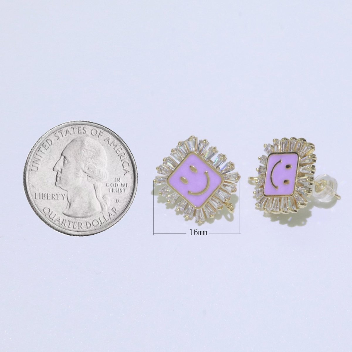 Happy face stud earrings, Tiny smiley face studs, simple gold stud earrings, Square Gold Studs, happy face studs with open link L-355~L-360