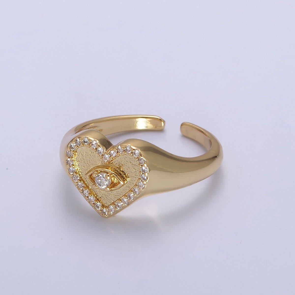 Heart Evil Eye Signet Ring, Adjustable Gold Ring, Evil Eye Jewelry, Cubic Zircon Ring, Stackable Ring, Turkish Evil Eye U-490