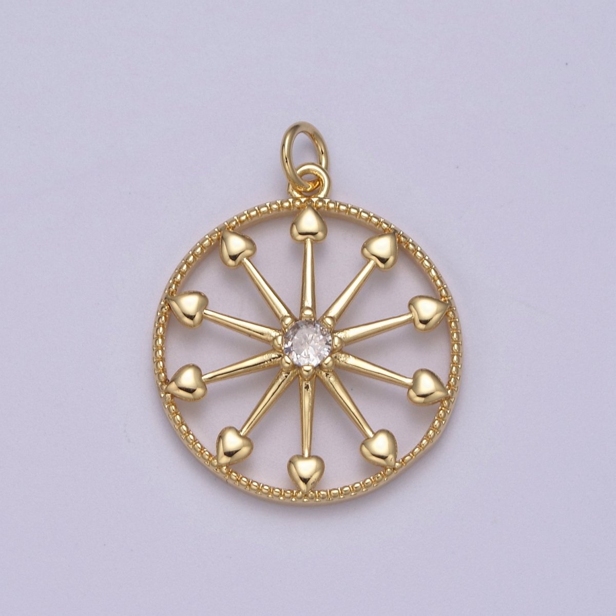 Heart Gold Wheel Micro Pave CZ Charm - Cubic Zirconia Pioneer Wagon Ferris Wheel Wholesale Charms N-389 - DLUXCA