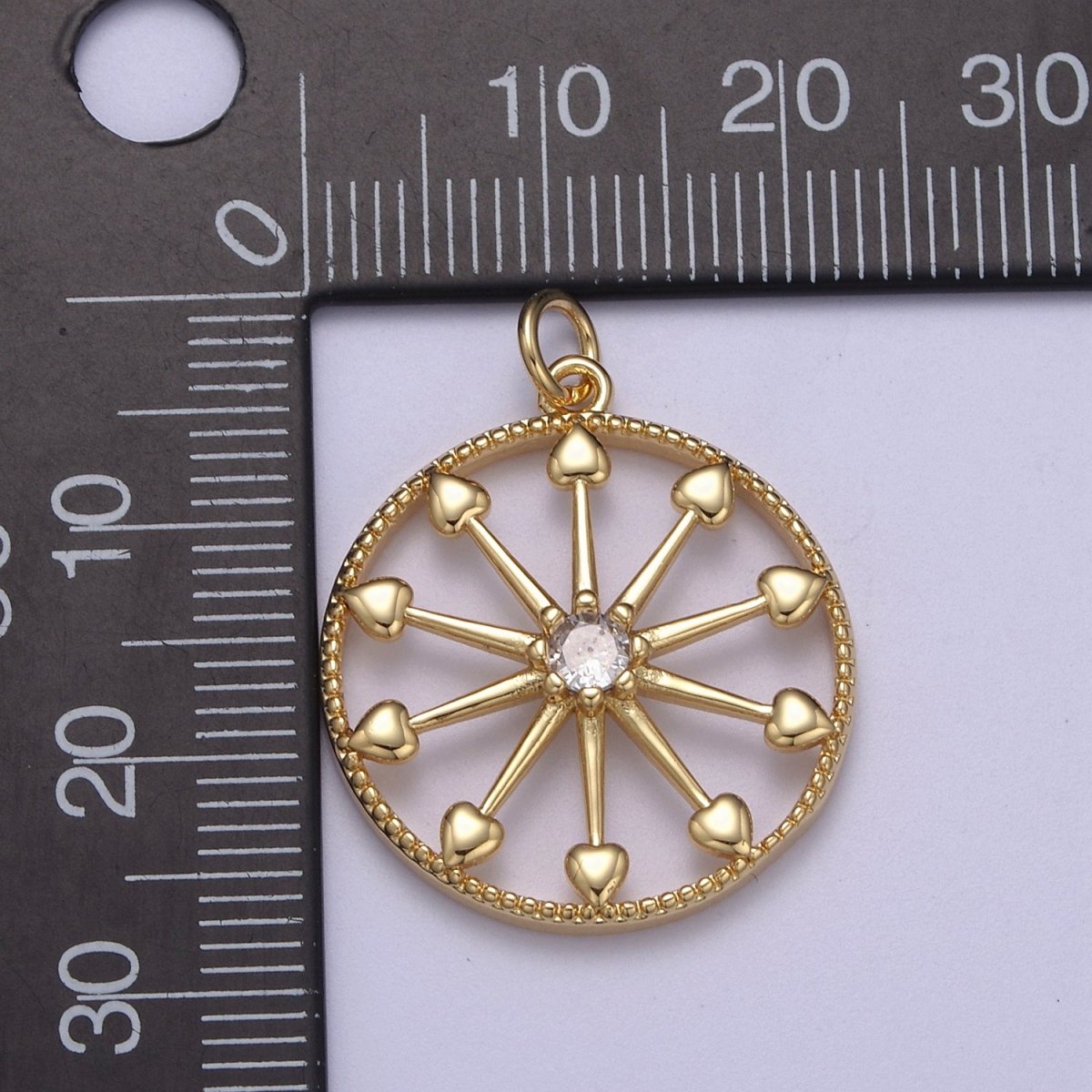 Heart Gold Wheel Micro Pave CZ Charm - Cubic Zirconia Pioneer Wagon Ferris Wheel Wholesale Charms N-389 - DLUXCA