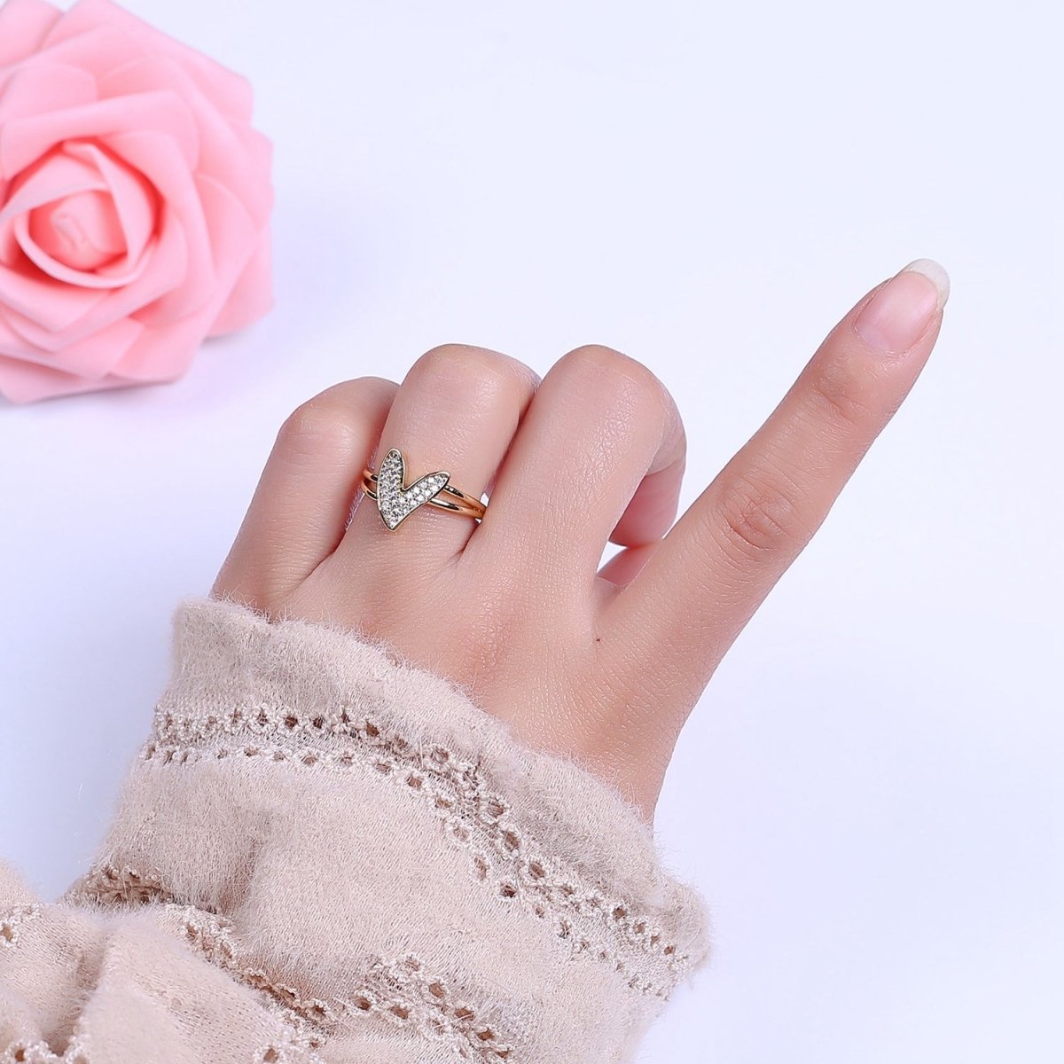 Heart Ring Gold Cubic Zirconia, 14k Gold Fill Open CZ Ring For Women, Dainty Gold Promise Ring Gift For Her S-473