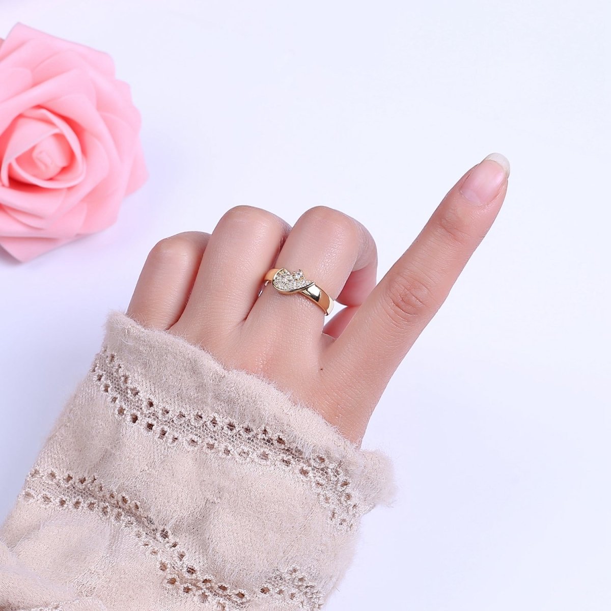 Heart Ring Set For Couples Matching Gold CZ Rings Anniversary Gift For Her Gift Adjustable Rings S-484 S-485