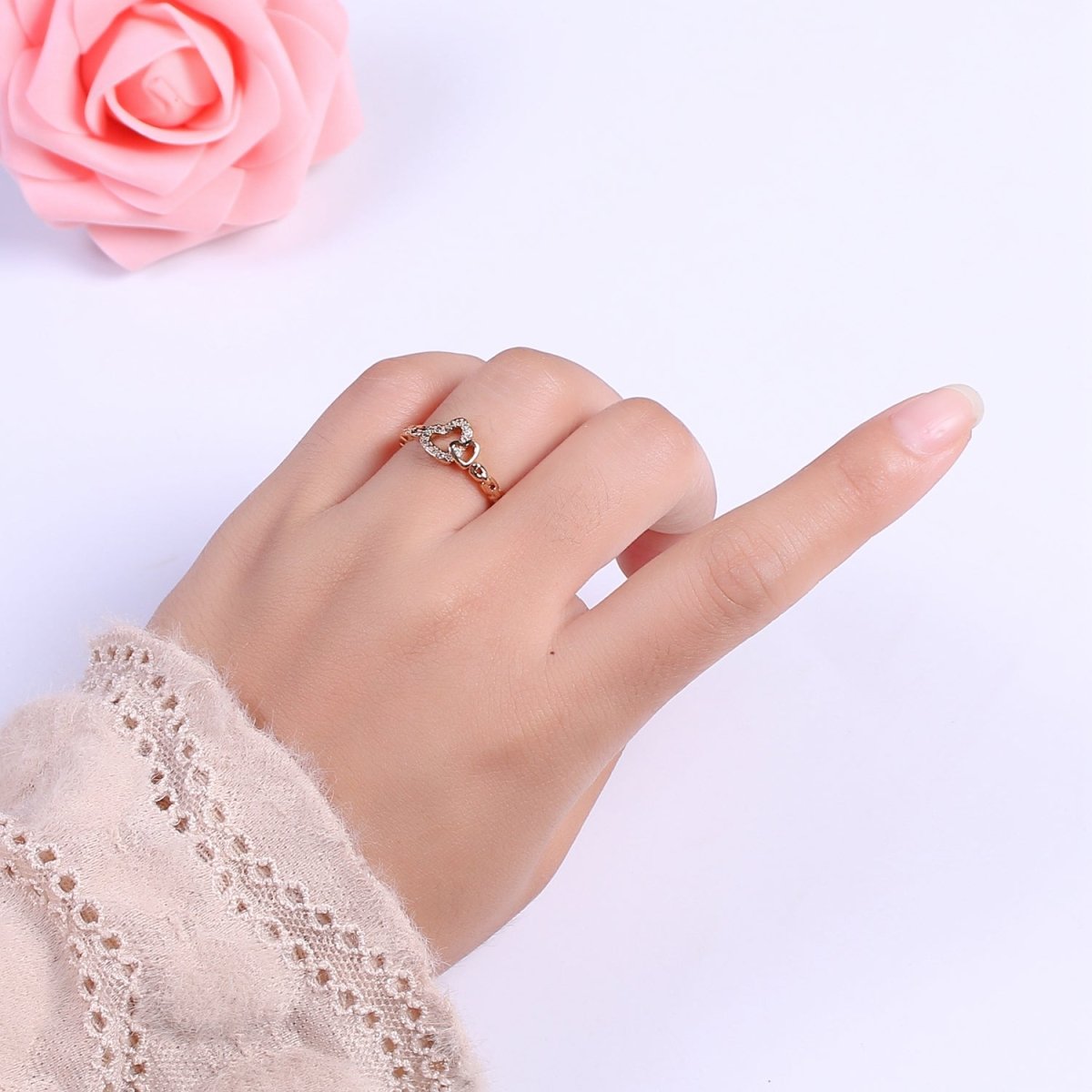 Heart rings, heart adjustable ring, open ring, LOVE rings, double heart ring, gold heart rings, LOVE rings, Silver heart rings, thin heart U-096 - DLUXCA