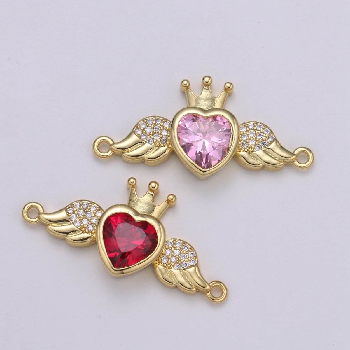 Heart Solitaire CZ 24K Gold Connector, Angel Adjustable Gold Connector, Wings, Red & Pink Cubic Zirconia Connector F-570 F-571