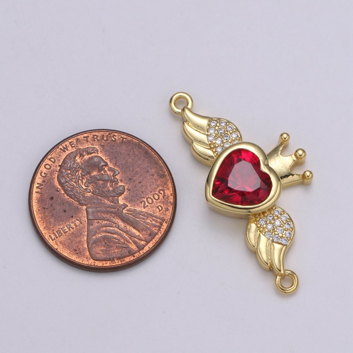 Heart Solitaire CZ 24K Gold Connector, Angel Adjustable Gold Connector, Wings, Red & Pink Cubic Zirconia Connector F-570 F-571