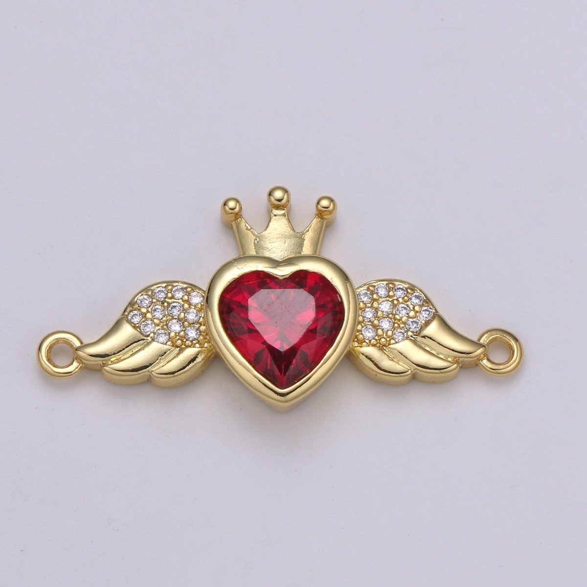 Heart Solitaire CZ 24K Gold Connector, Angel Adjustable Gold Connector, Wings, Red & Pink Cubic Zirconia Connector F-570 F-571