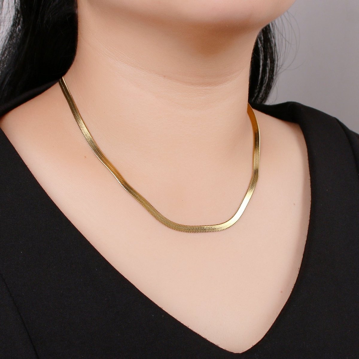 Herringbone Chain Necklace | 24K Gold Plated Herringbone Chain, Layered Necklace, Flat Snake Chain, Skinny Gold Chain Everyday Wear | Stainless Steel, Gold Plated | 17.5", 17.8", 18" | 2.5mm, 3mm, 4.3mm |  CN-915 916 917 918 Clearance Pricing