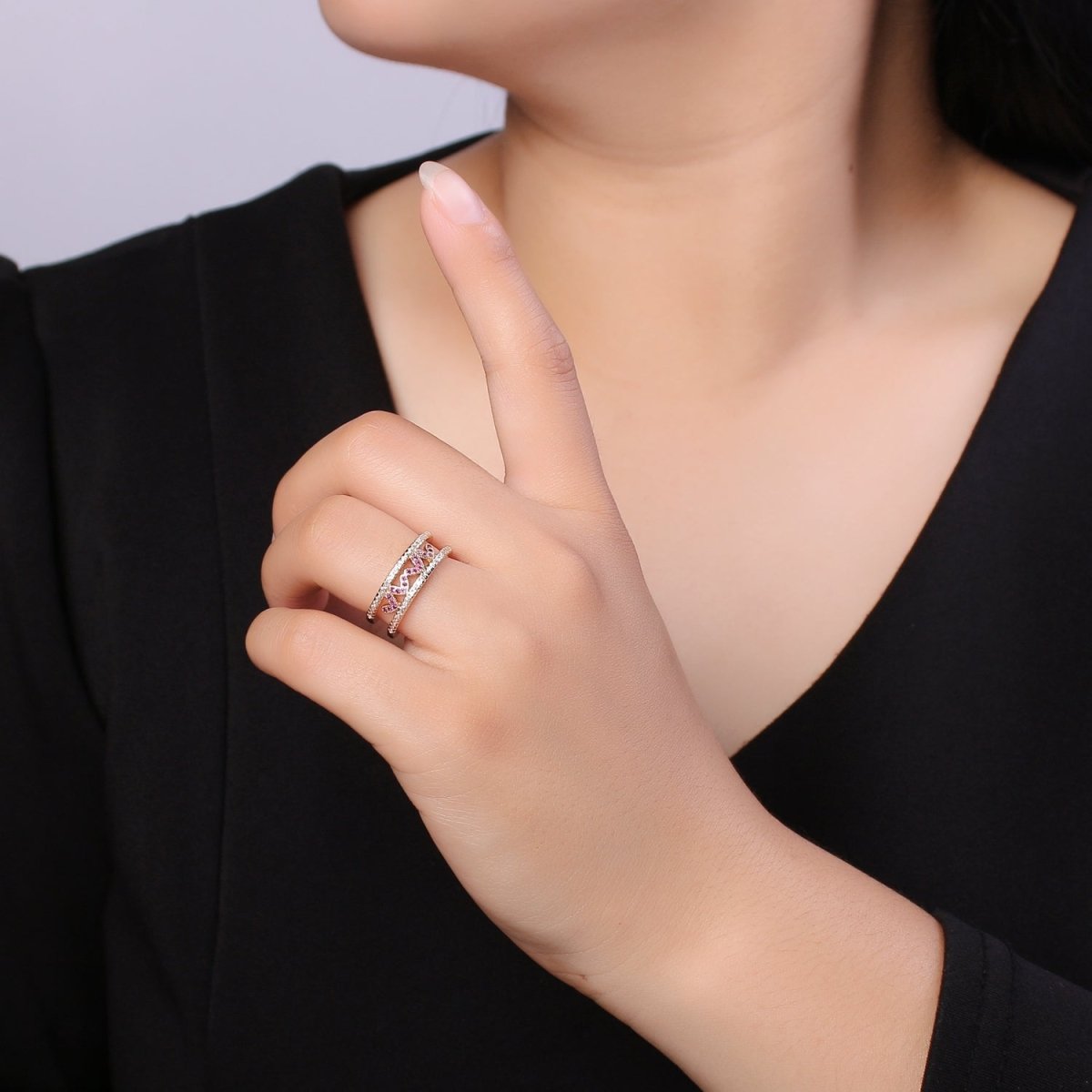 Hot Pink CZ Heart 18K Gold Filled Adjustable Ring O-326 - DLUXCA