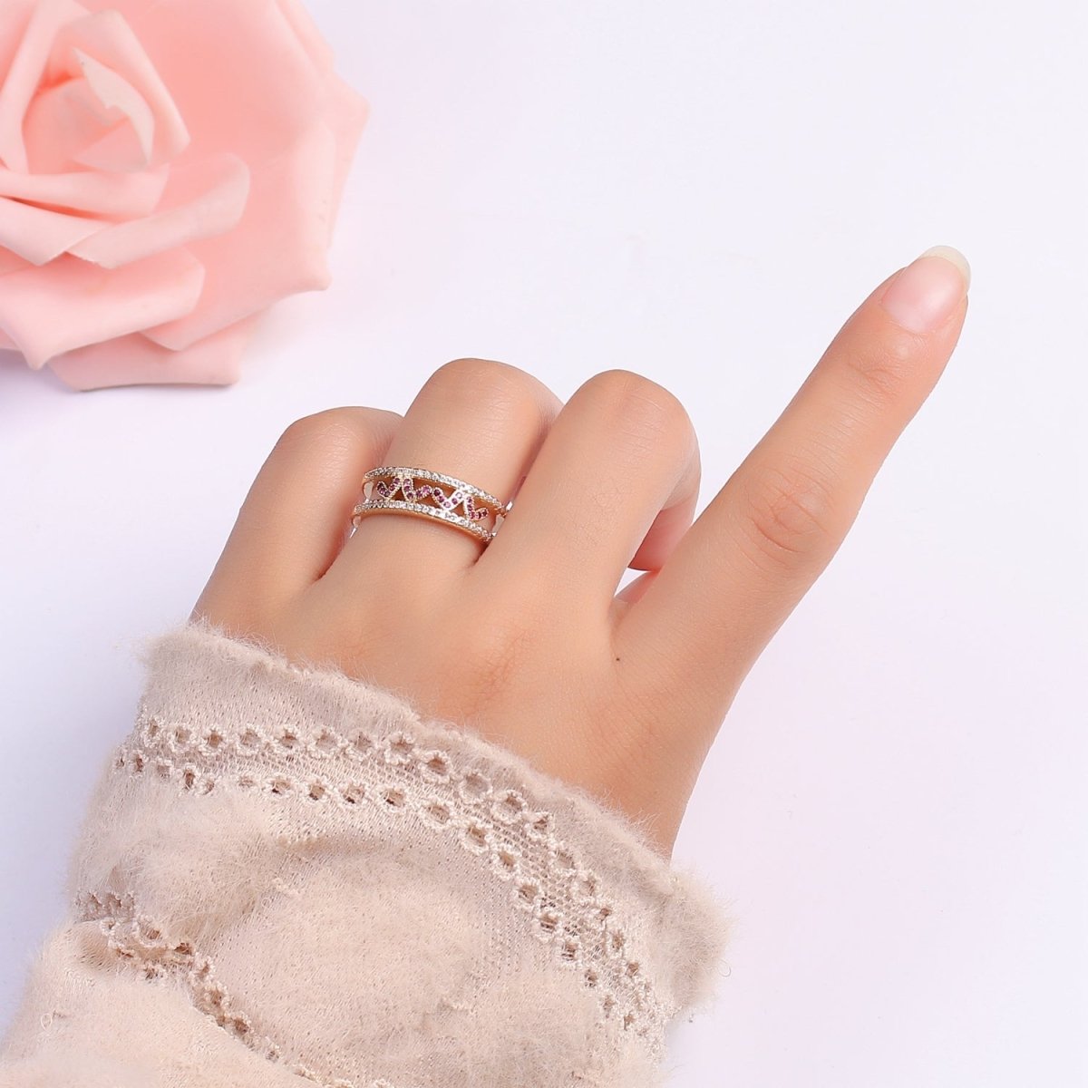 Hot Pink CZ Heart 18K Gold Filled Adjustable Ring O-326 - DLUXCA