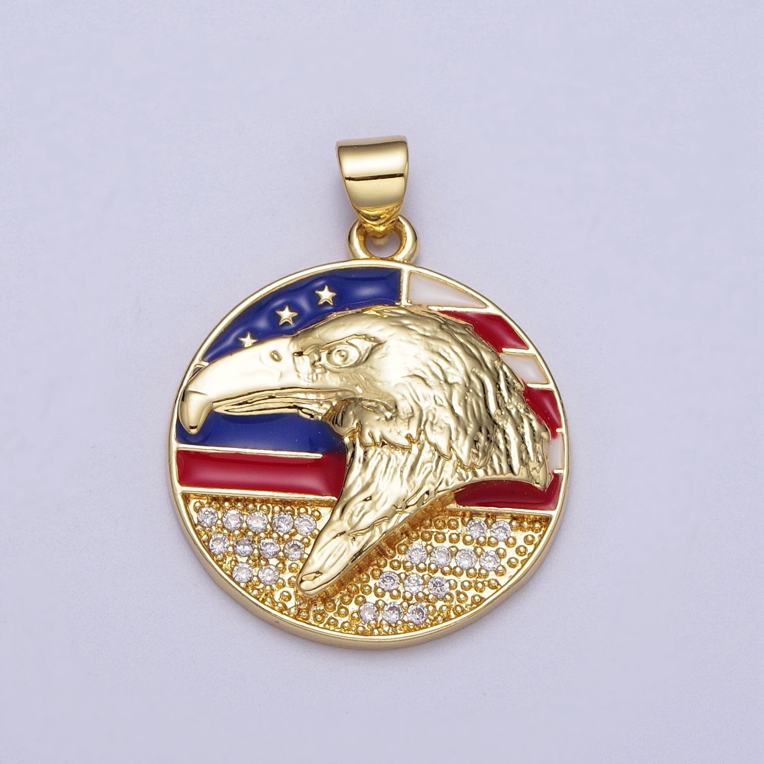 24K Gold Filled Micro Paved American Eagle Flag Enamel Round Pendant | I188 - DLUXCA