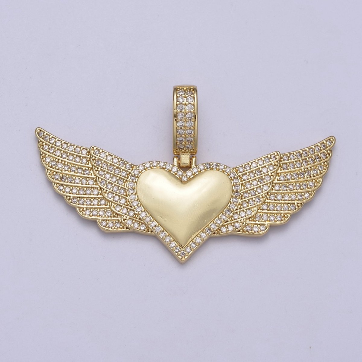 Iced Winged Heart Charm Necklace Protection Pendant Cubic Zirconia Guardian Angel Wing H-318 - DLUXCA
