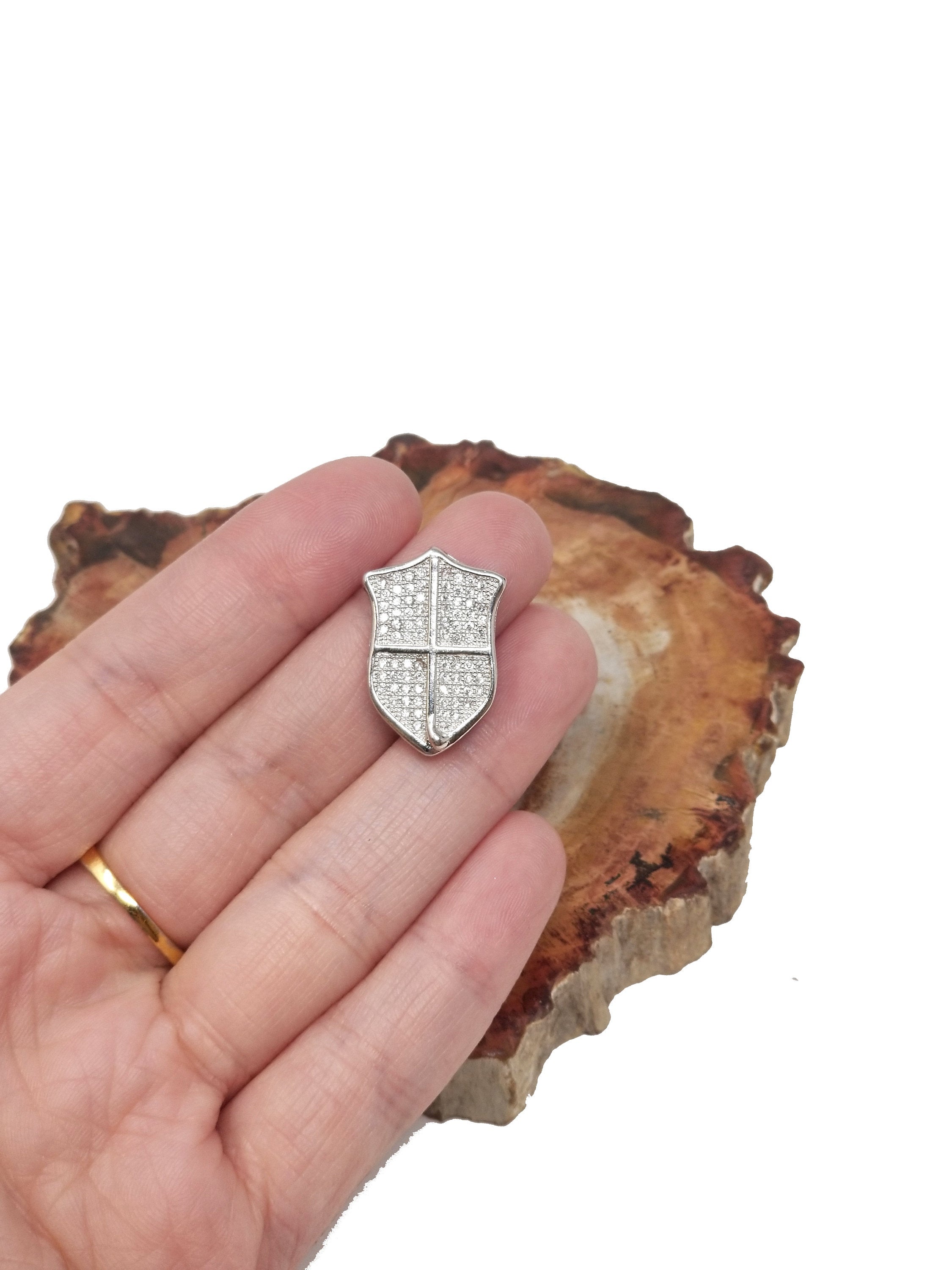 24k Gold Fill CZ Micro Pave Shield Pendant / Charm, Cubic Zirconia Pendant for Necklace Bracelet Making White Gold Knight Shield Charm B-156