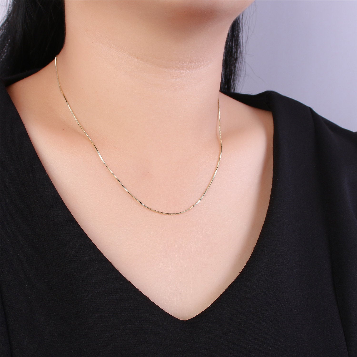 Dainty Gold Everyday Necklace / 14k Gold Filled Chain Necklace / 18 inch Dainty Box Chain Necklace / Minimal Jewelry / Everyday Necklace - DLUXCA