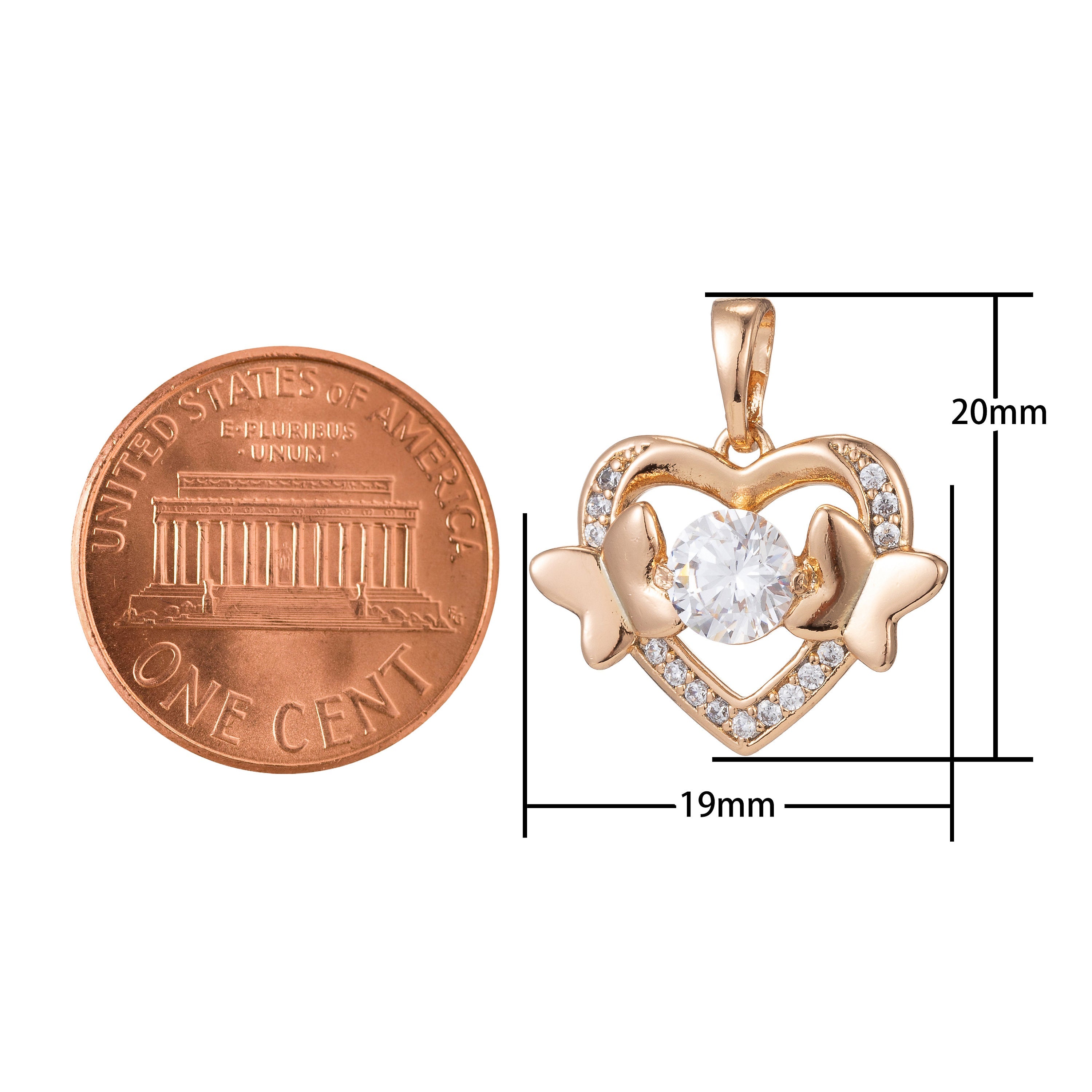 1pc 18k Gold Filled Micro Pave CZ Heart Pendant Charm, Hearts with Dual Butterfly Pendant Charm, Gold Filled Heart Pendant, For DIY Jewelry - DLUXCA
