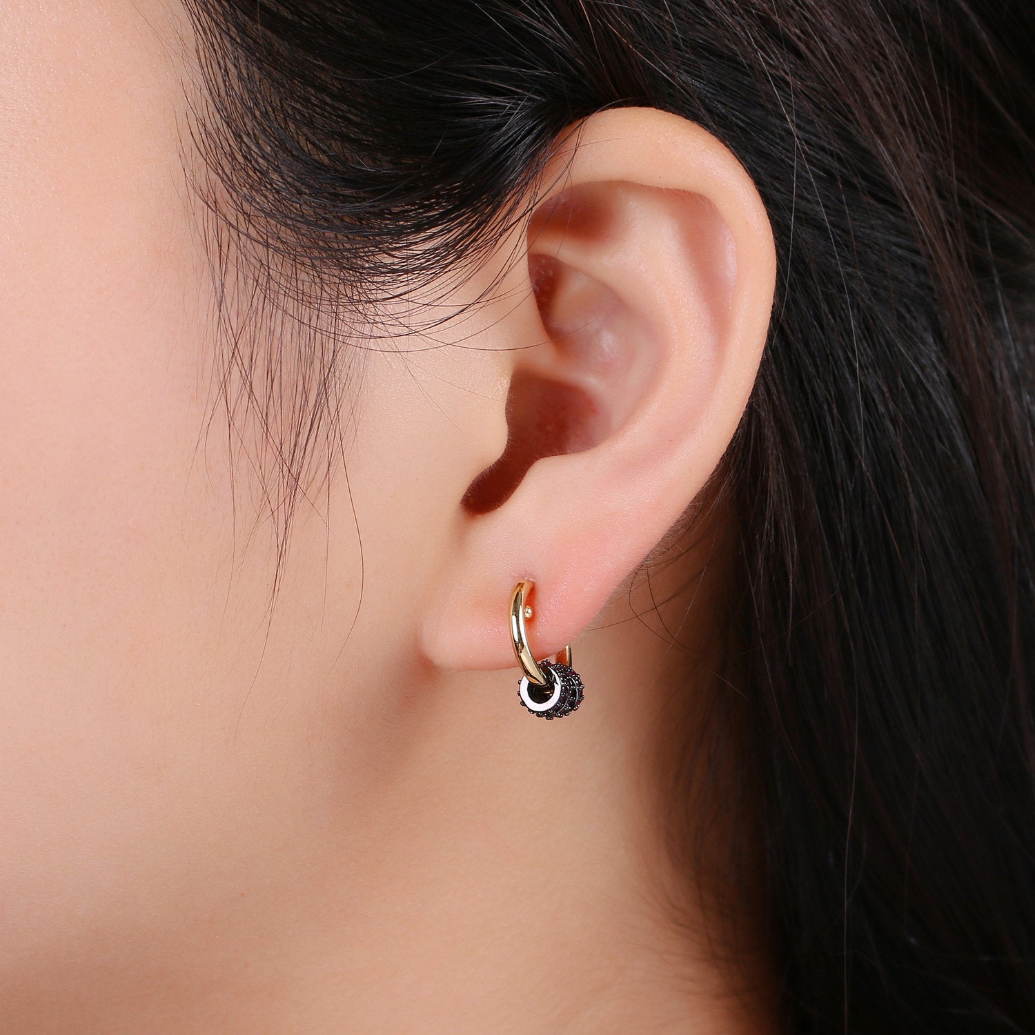 1 pair Huggie Earring with Mini Circles 14k Gold Filled Earring Cubic Zirconia Micro Pave Black, Green Gold Statement Earring - DLUXCA