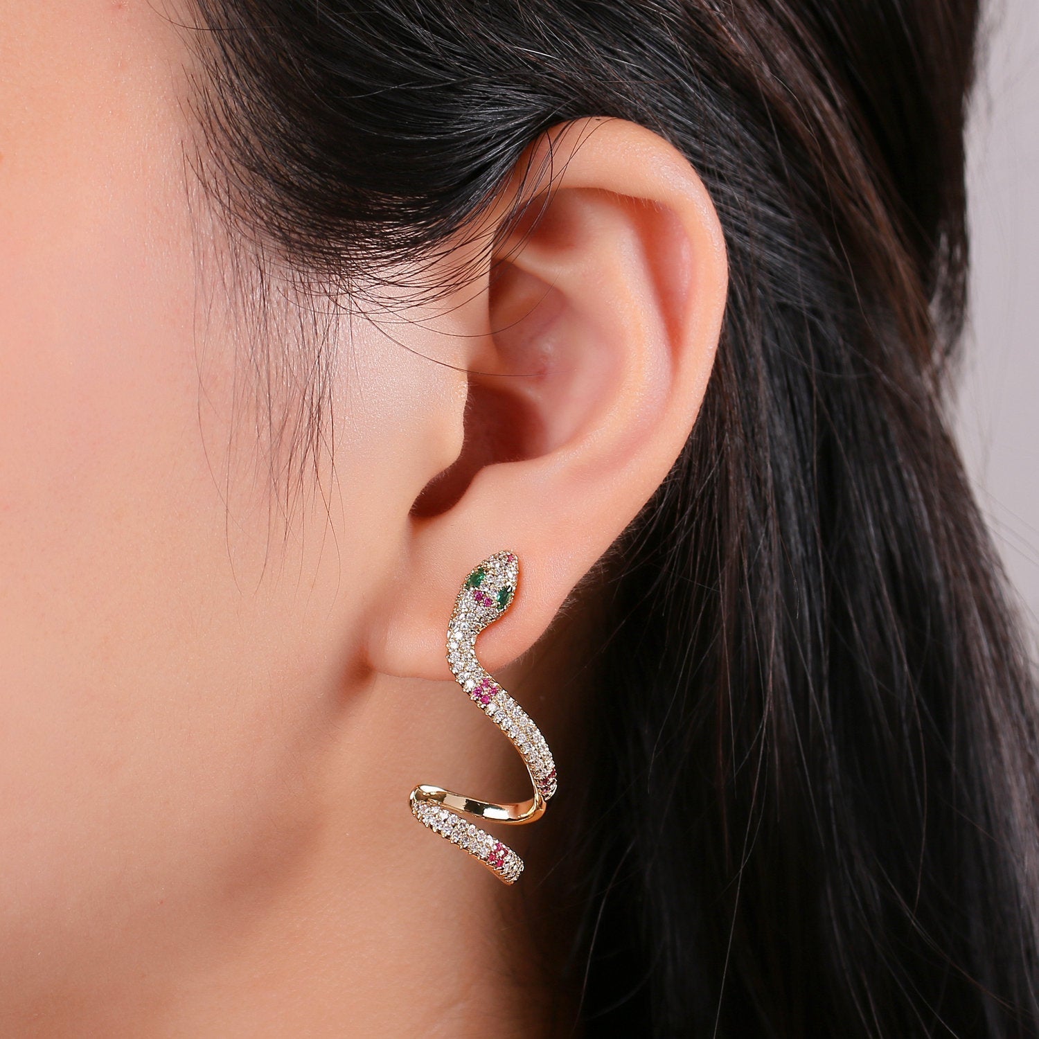 Dangle Snake Earrings, Gold Snake Earrings, Snake Stud Earrings, Snake Drop Earrings, Gold Snake Stud Micro Pave CZ Serpent Stud Earring Q-088