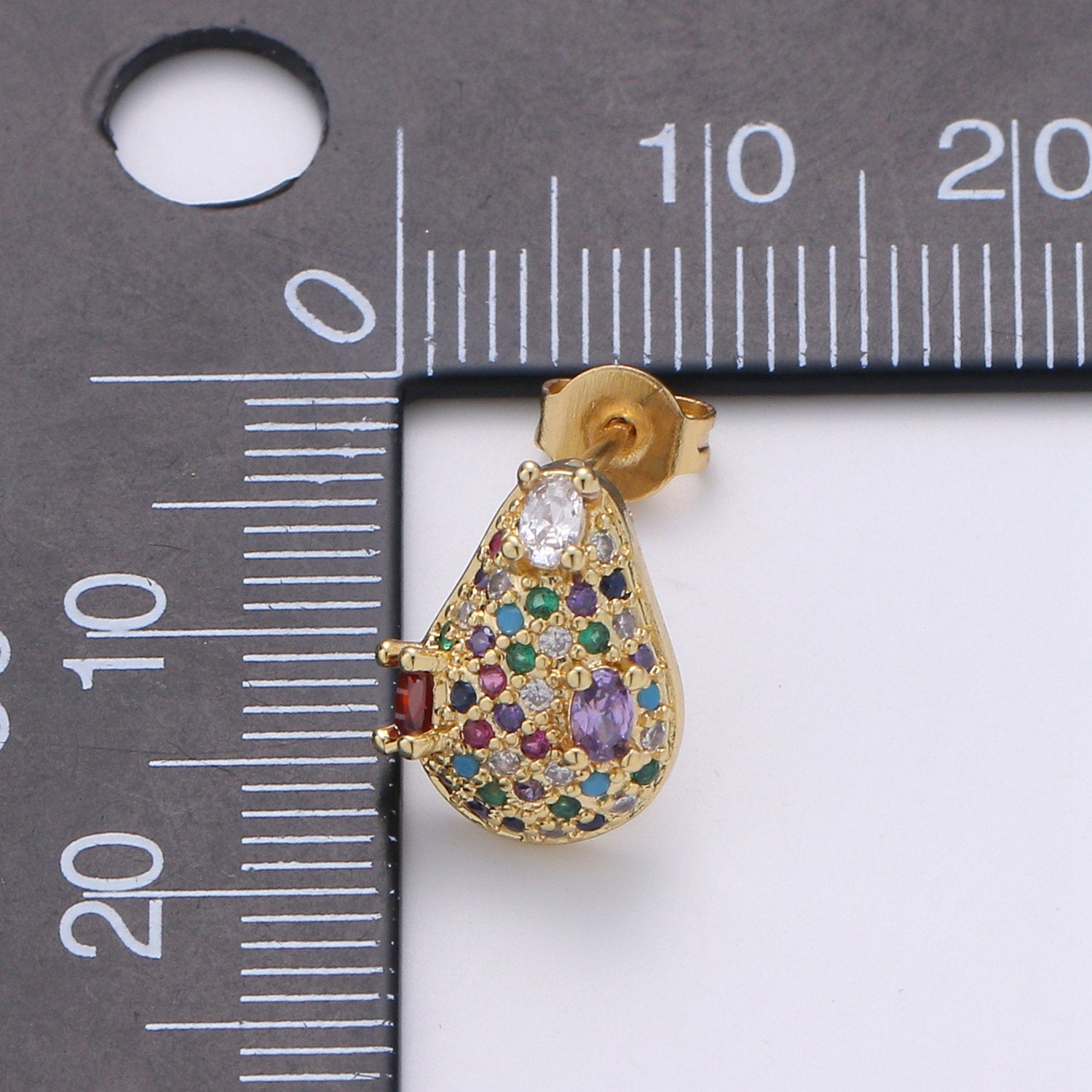 Multi Color Gold Tiny Stud Earrings - Rainbow Micro Pave Studs - Dainty CZ Studs 10mm Tear Drop Crystal Small Stud Earrings Q-311