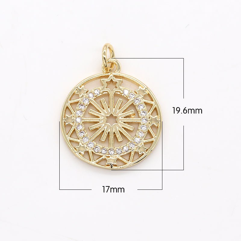 Jews Star Rays on Golden Ferris Circle CZ Gold Plated Geometric Ornament Micro Pave Charm Pendant GP-547