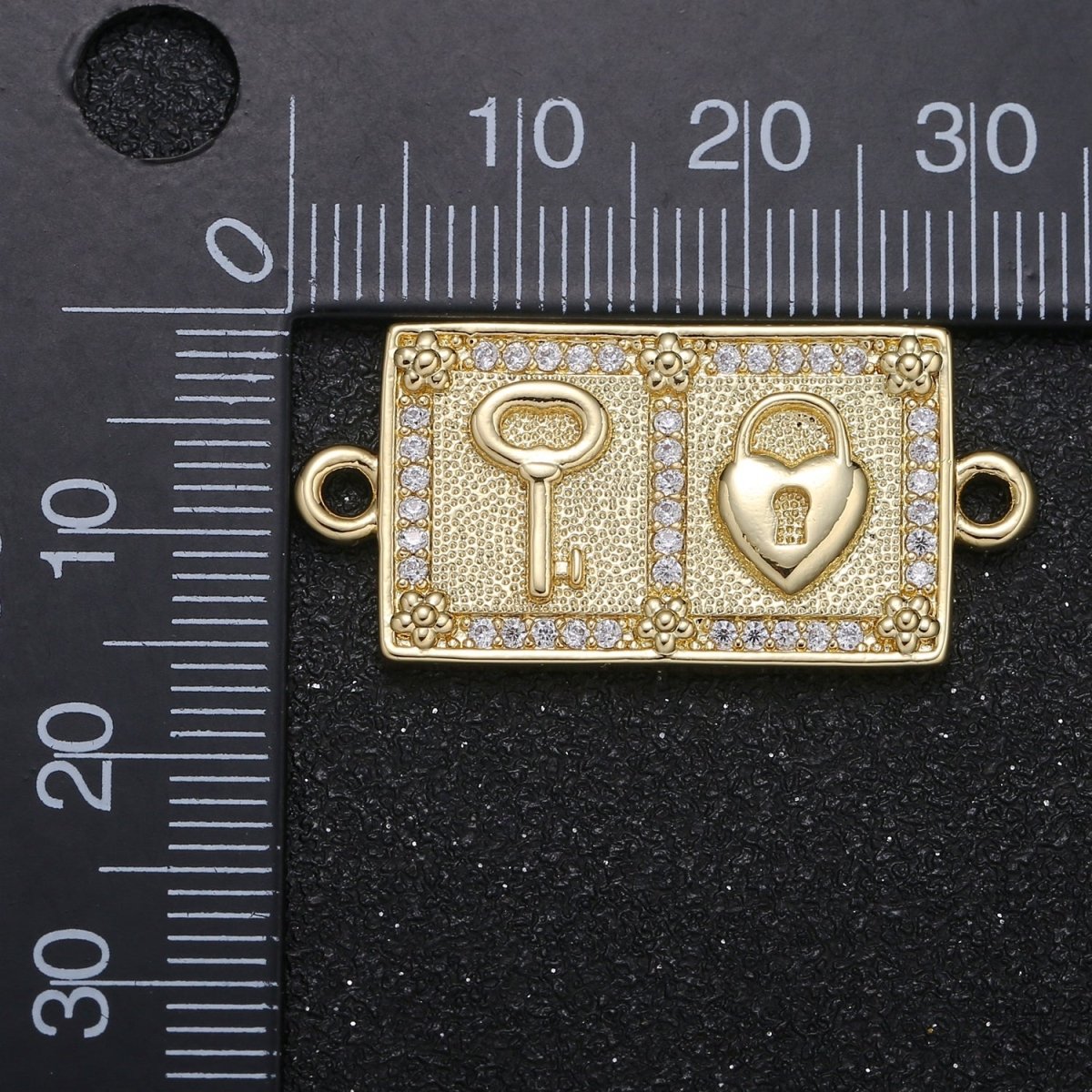 Key and Heart Padlock on Crystal Golden Square Connectors CZ Love Heart Micro Pave Jewelry Supply Component GP-023