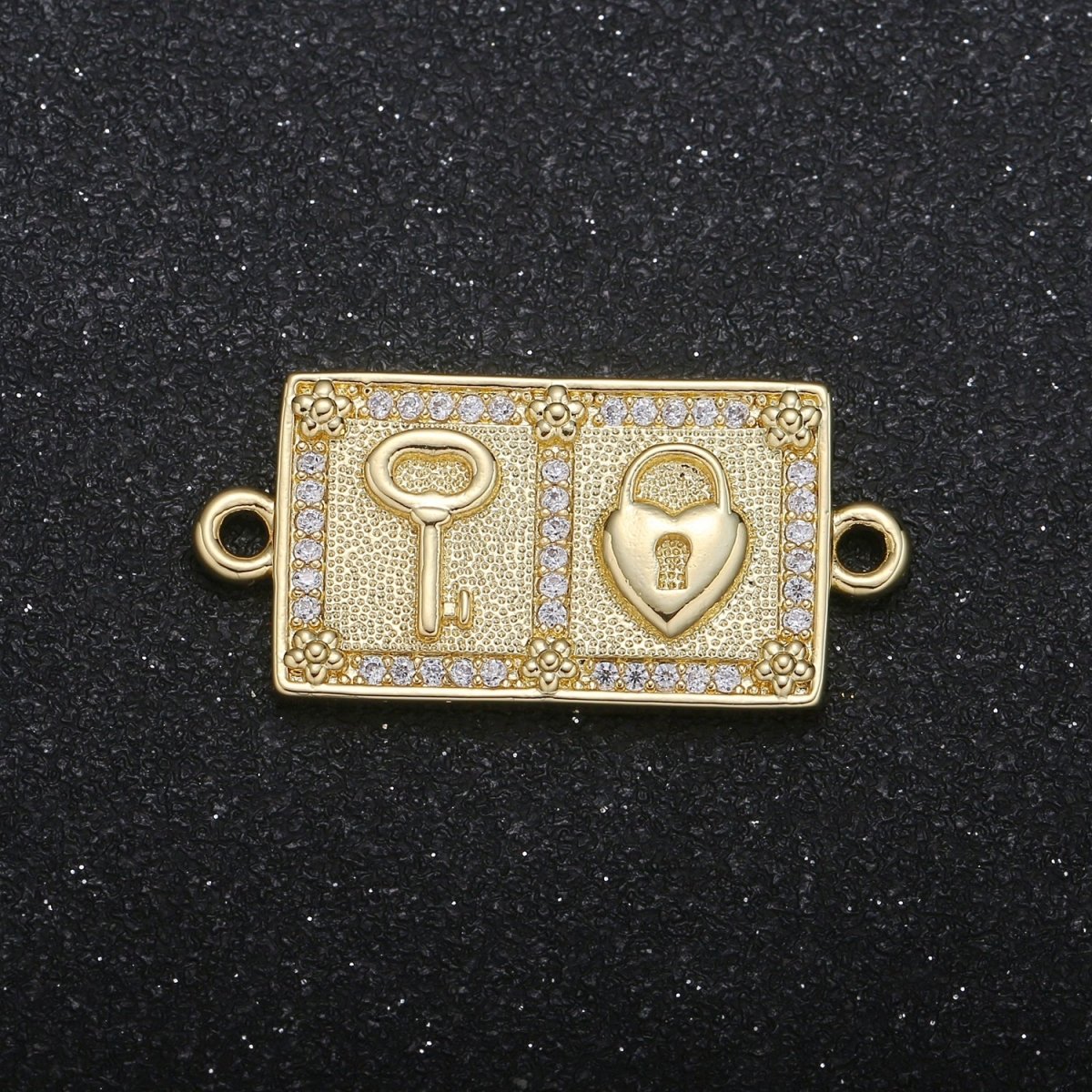 Key and Heart Padlock on Crystal Golden Square Connectors CZ Love Heart Micro Pave Jewelry Supply Component GP-023