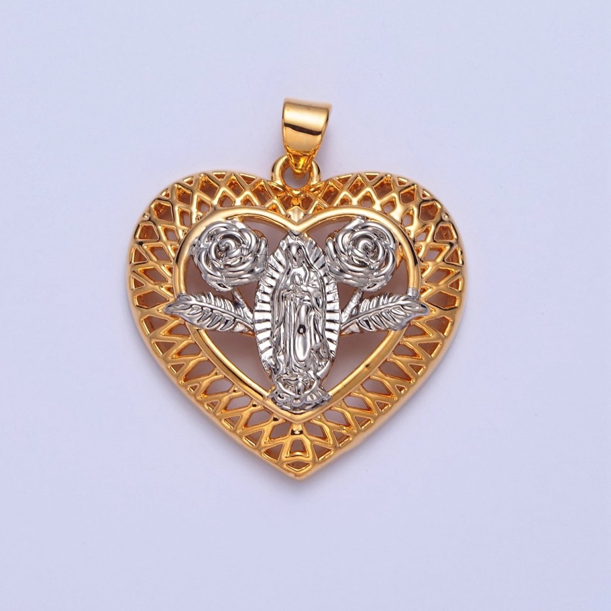 Lady Guadalupe Pendant Heart Medallion Rose Virgin Mary Charm I-314 - DLUXCA
