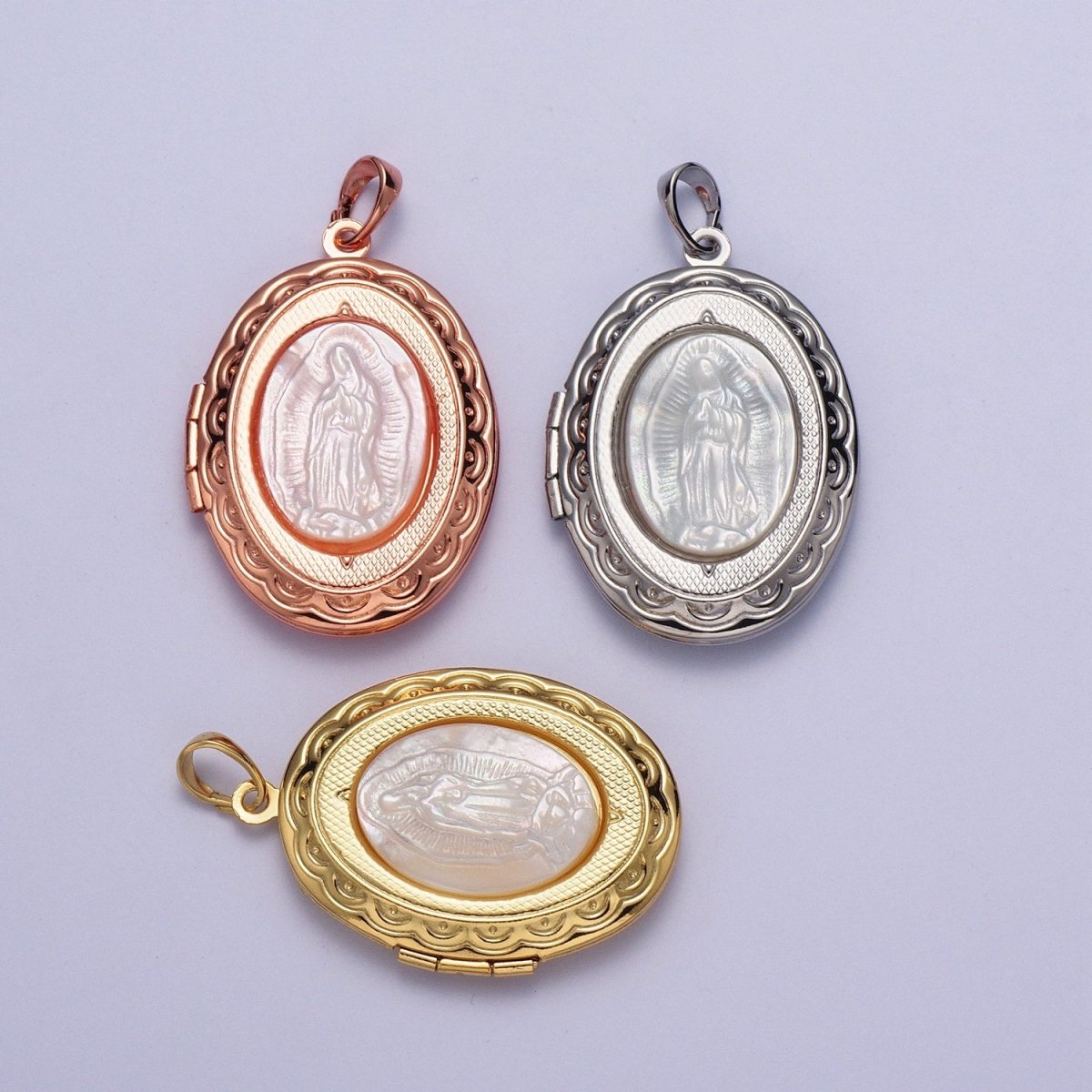 Lady of Guadalupe Detailed Double Sided Locket Pendant Open Locket Pearl Necklace Bracelet Supply | X-469 X-470 X-471