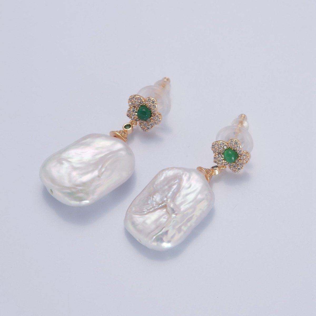 OS Large Baroque Pearl Stud Earring with Pave Green Flower for Wedding Jewelry T-530