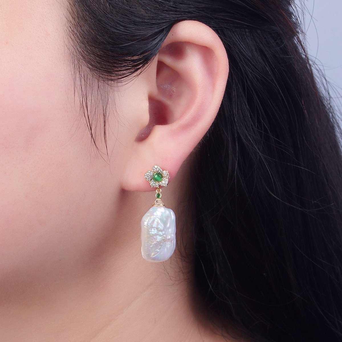 OS Large Baroque Pearl Stud Earring with Pave Green Flower for Wedding Jewelry T-530
