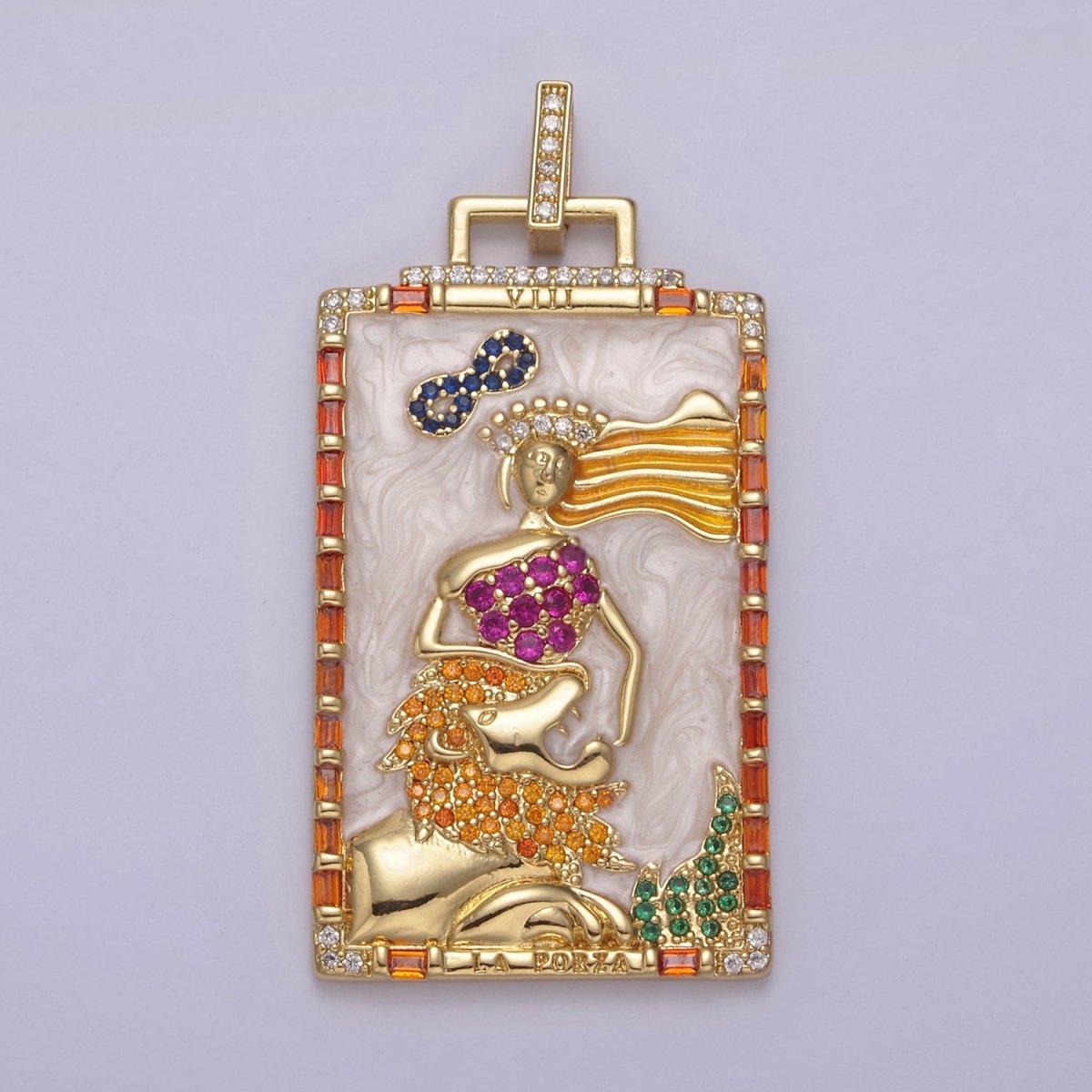 Large Gold Tarot Card Pendant Strength Symbolic Necklace, Spiritual Charm, Tarot Card Necklace, Enamel Necklace Charm N-578