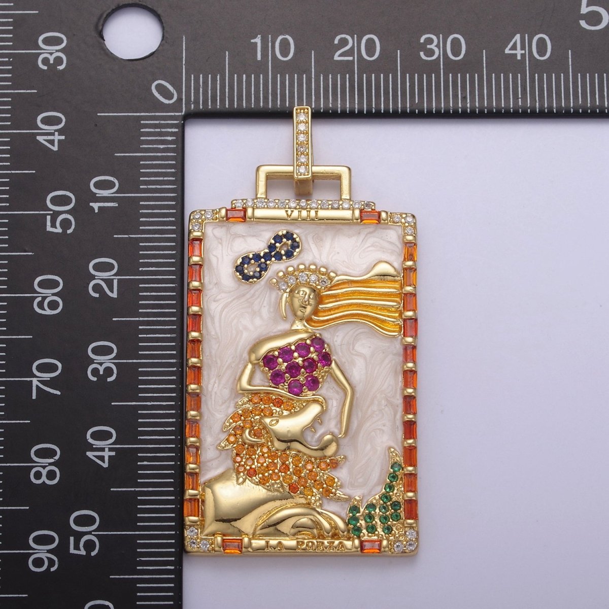 Large Gold Tarot Card Pendant Strength Symbolic Necklace, Spiritual Charm, Tarot Card Necklace, Enamel Necklace Charm N-578