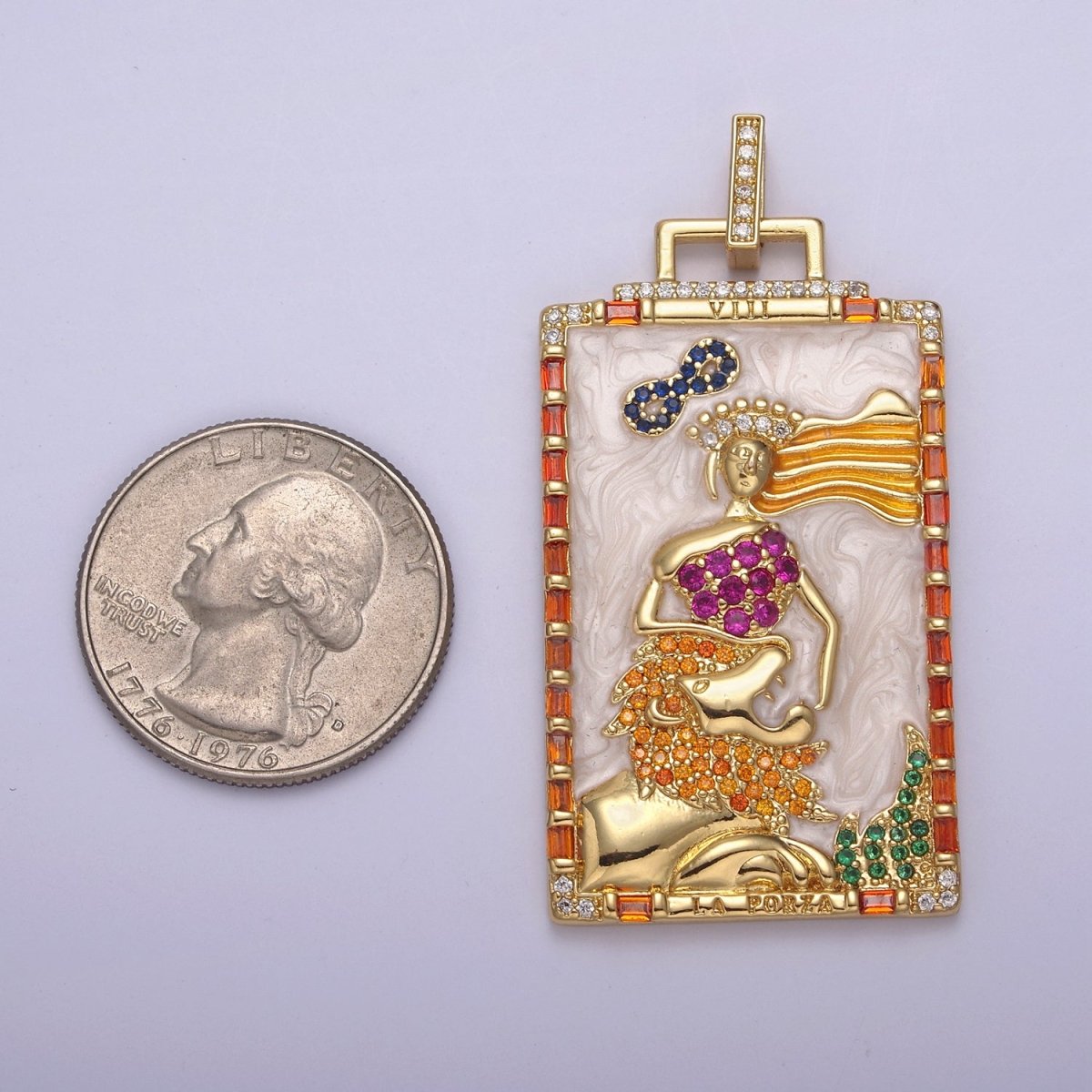 Large Gold Tarot Card Pendant Strength Symbolic Necklace, Spiritual Charm, Tarot Card Necklace, Enamel Necklace Charm N-578