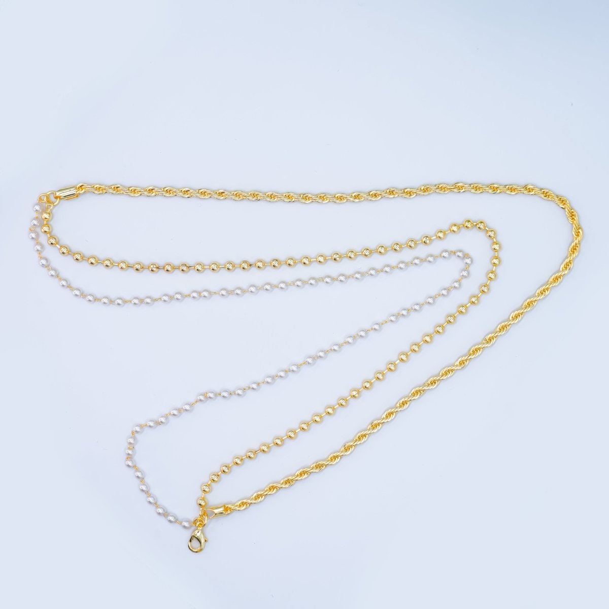 Layer Gold & Pearl Beaded Chain Necklace 24K Gold Filled Rope Chain Mixed Chain Style WA - 2858 - DLUXCA