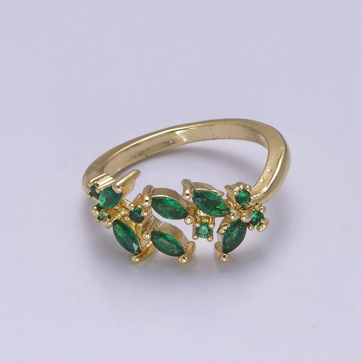 Leaf Green Gold Emerald Style Ring with Cubic Zirconia Nature Ring Dainty Green CZ Adjustable Ring U-028 S-503
