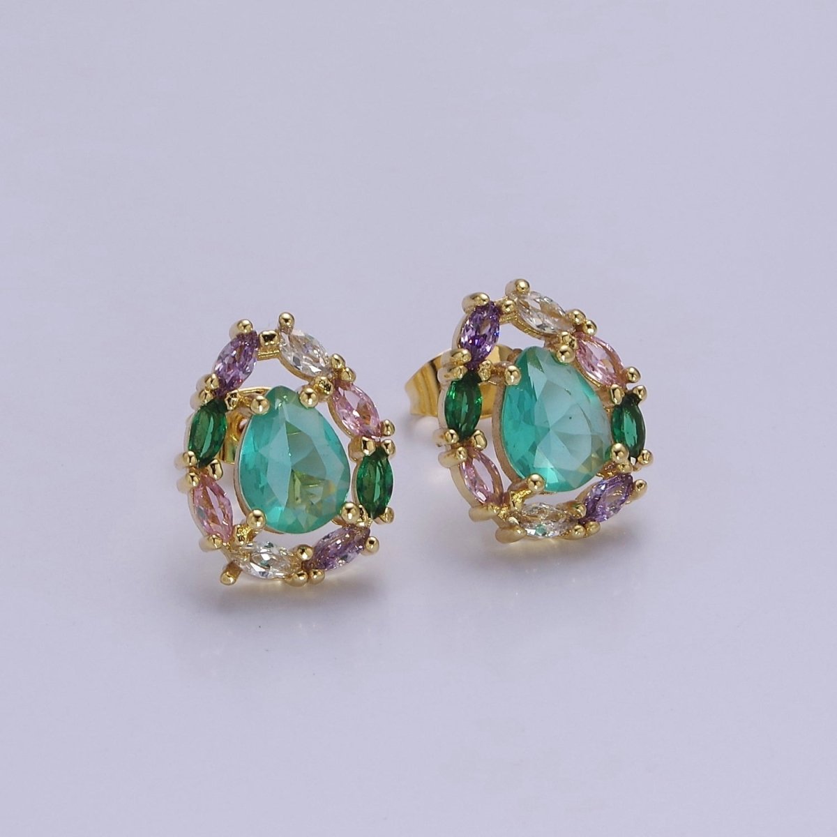 Light Mint Stud Earring - Gold CZ Earrings - Bridesmaids Bridal Wedding Jewelry V-116 - DLUXCA