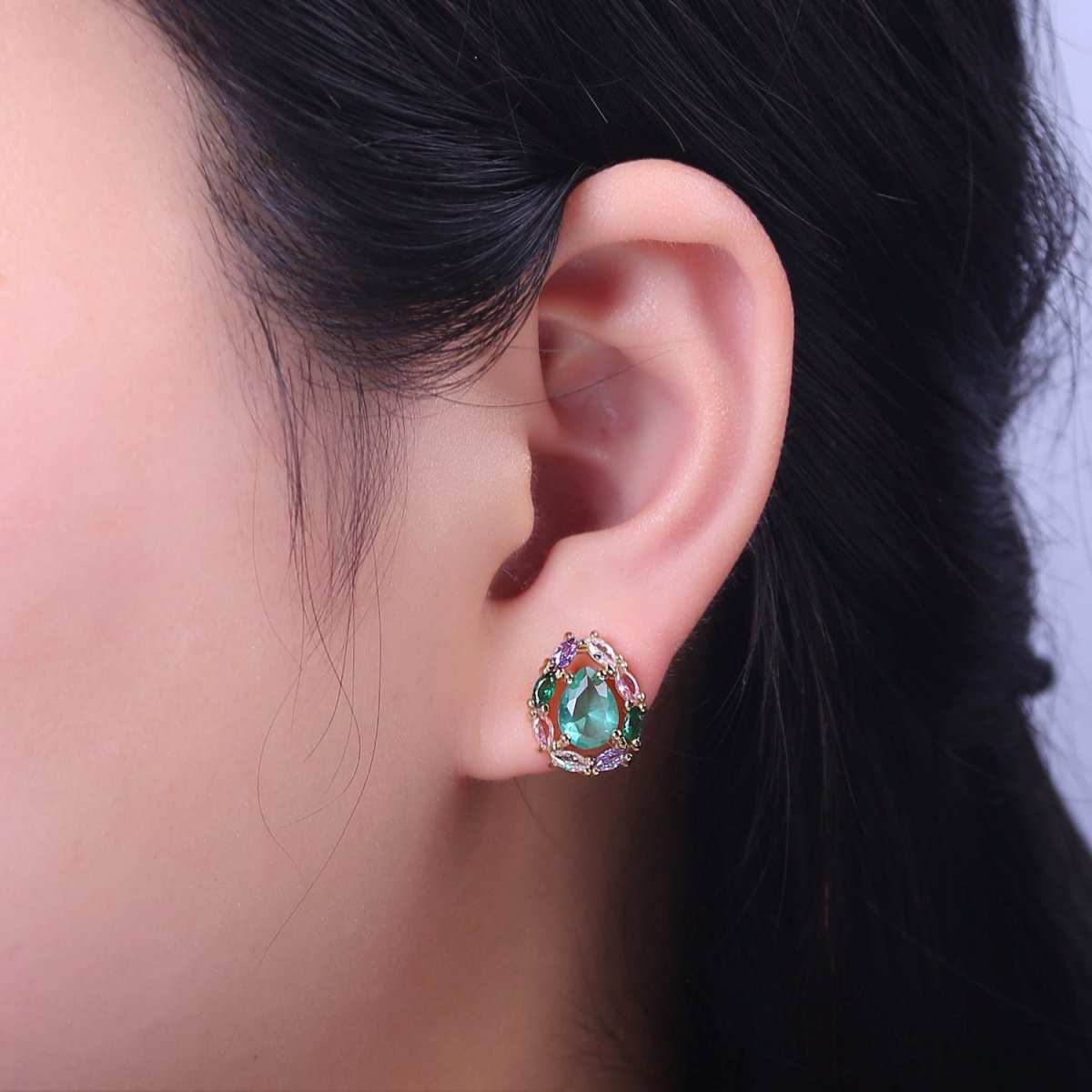 Light Mint Stud Earring - Gold CZ Earrings - Bridesmaids Bridal Wedding Jewelry V-116 - DLUXCA