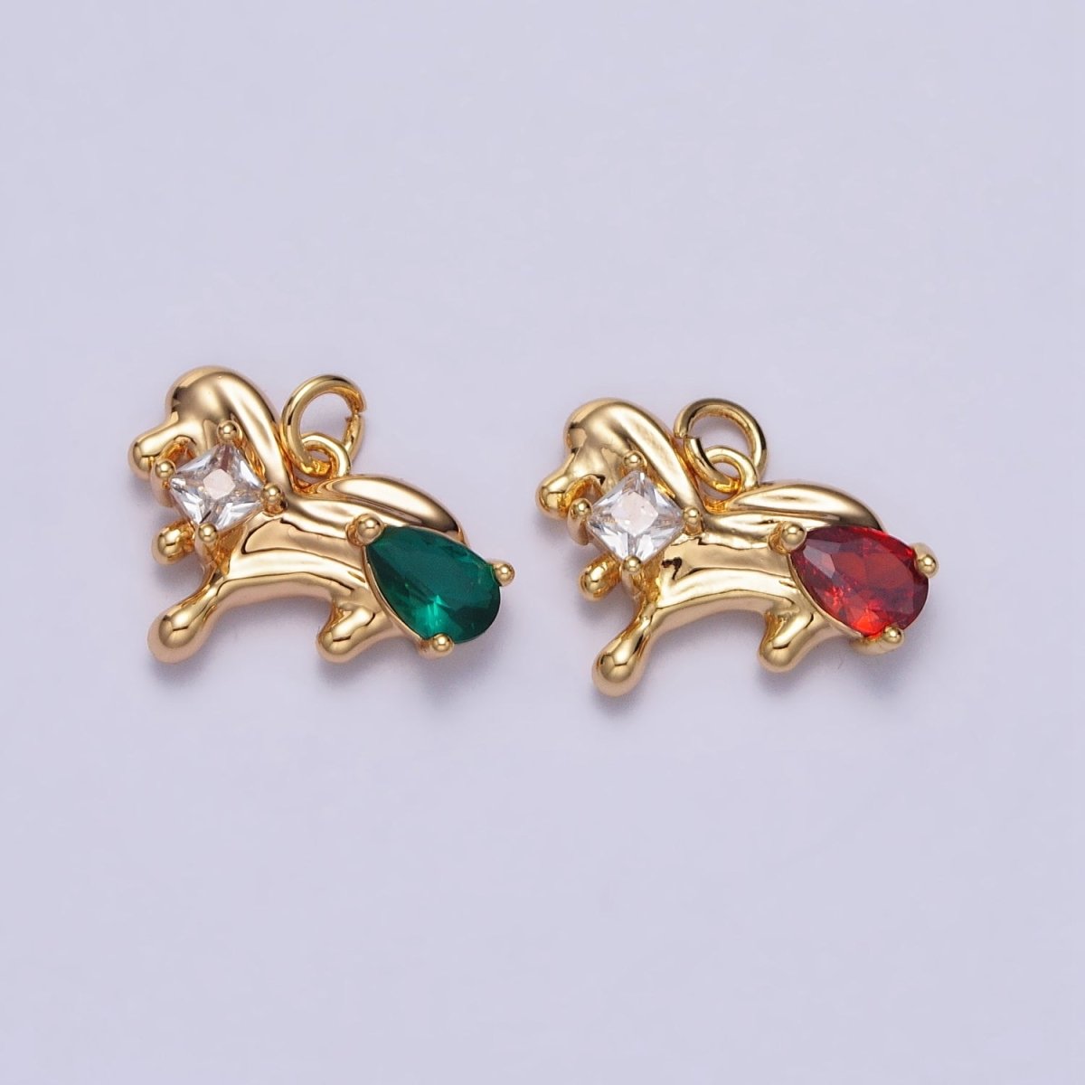 Little Dog Green, Red Teardrop CZ Animal Gold Abstract Molten Drip Charm | AC060