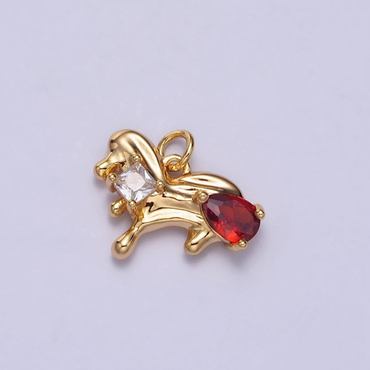 Little Dog Green, Red Teardrop CZ Animal Gold Abstract Molten Drip Charm | AC060