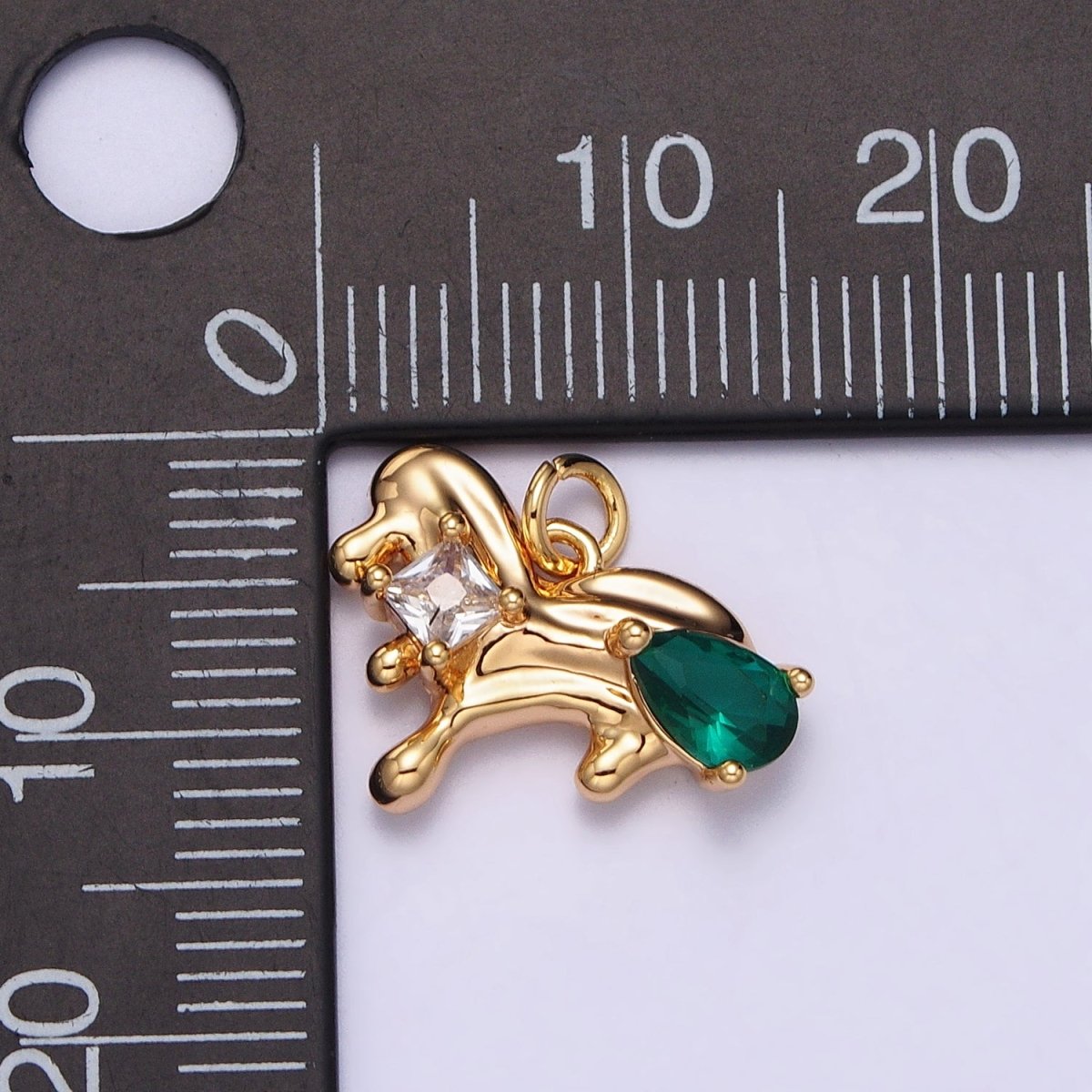 Little Dog Green, Red Teardrop CZ Animal Gold Abstract Molten Drip Charm | AC060