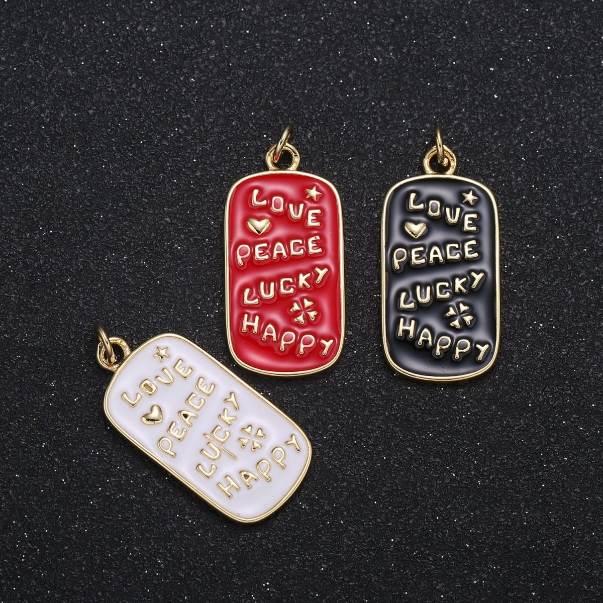 Love Peace Lucky Happy Writings on Gold Plated Tag Charm Friendship Couple Tagline Daily Enamel Charm Pendant GP-087