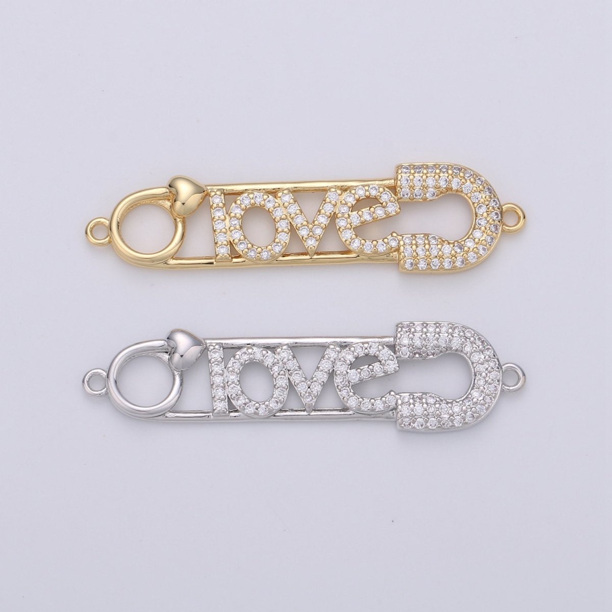 Love Safety Pin Connector , CZ Micro Pave, Gold Safety Pin Bracelet Connector in 24k Gold Filled Charm Connector Cubic Link 40x10mm, D-078 D-079