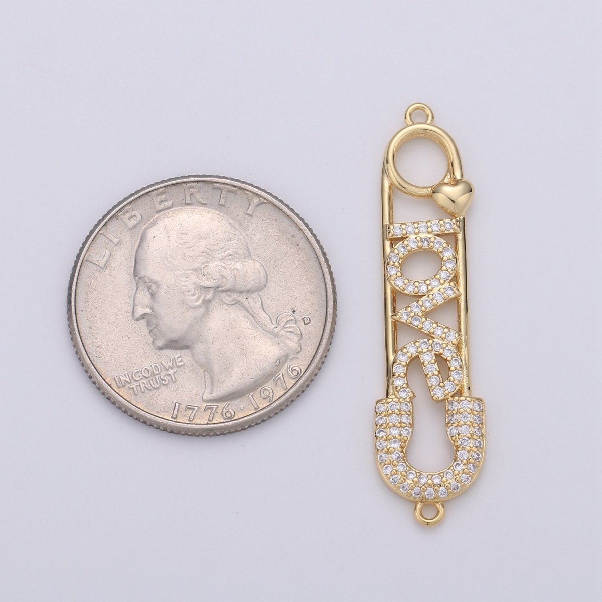 Love Safety Pin Connector , CZ Micro Pave, Gold Safety Pin Bracelet Connector in 24k Gold Filled Charm Connector Cubic Link 40x10mm, D-078 D-079