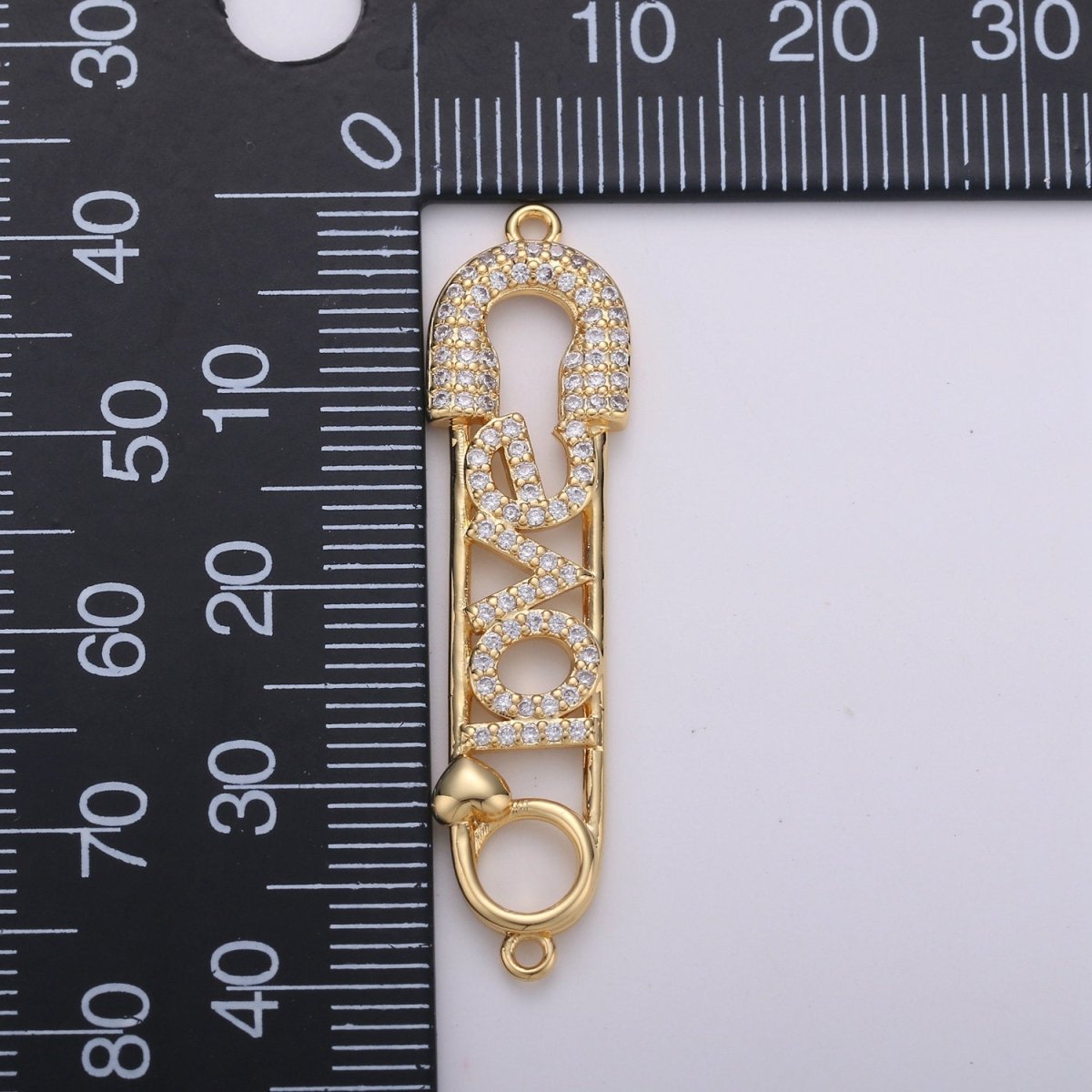 Love Safety Pin Connector , CZ Micro Pave, Gold Safety Pin Bracelet Connector in 24k Gold Filled Charm Connector Cubic Link 40x10mm, D-078 D-079