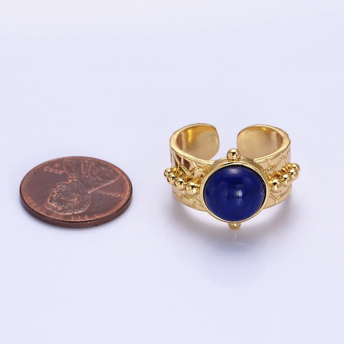 Magnesite, White Opal, Lapis Lazuli Natural Gemstone Beaded Lined Textured Gold Band Ring | O-1859 O-1860 O-1861