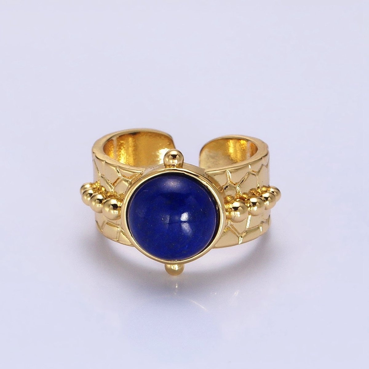 Magnesite, White Opal, Lapis Lazuli Natural Gemstone Beaded Lined Textured Gold Band Ring | O-1859 O-1860 O-1861