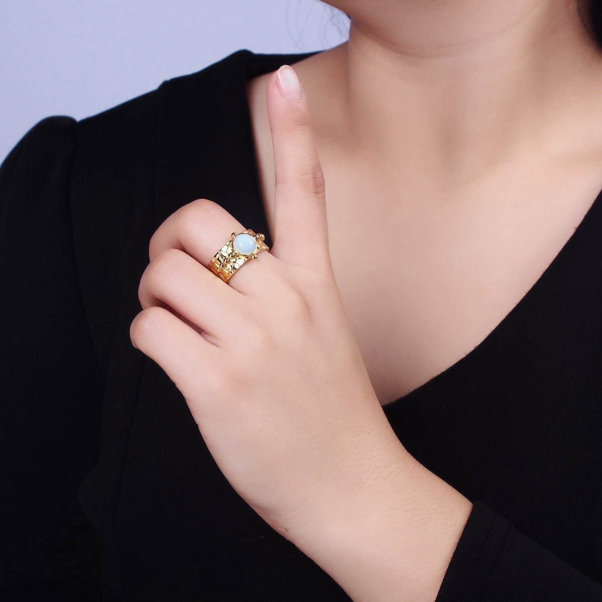 Magnesite, White Opal, Lapis Lazuli Natural Gemstone Beaded Lined Textured Gold Band Ring | O-1859 O-1860 O-1861