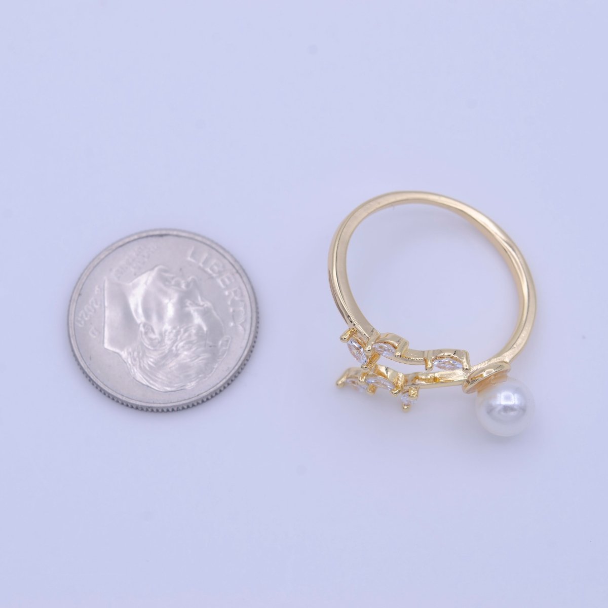 Marquise CZ Vine Leaves Round Pearl Adjustable Gold Ring | Y-425 - DLUXCA