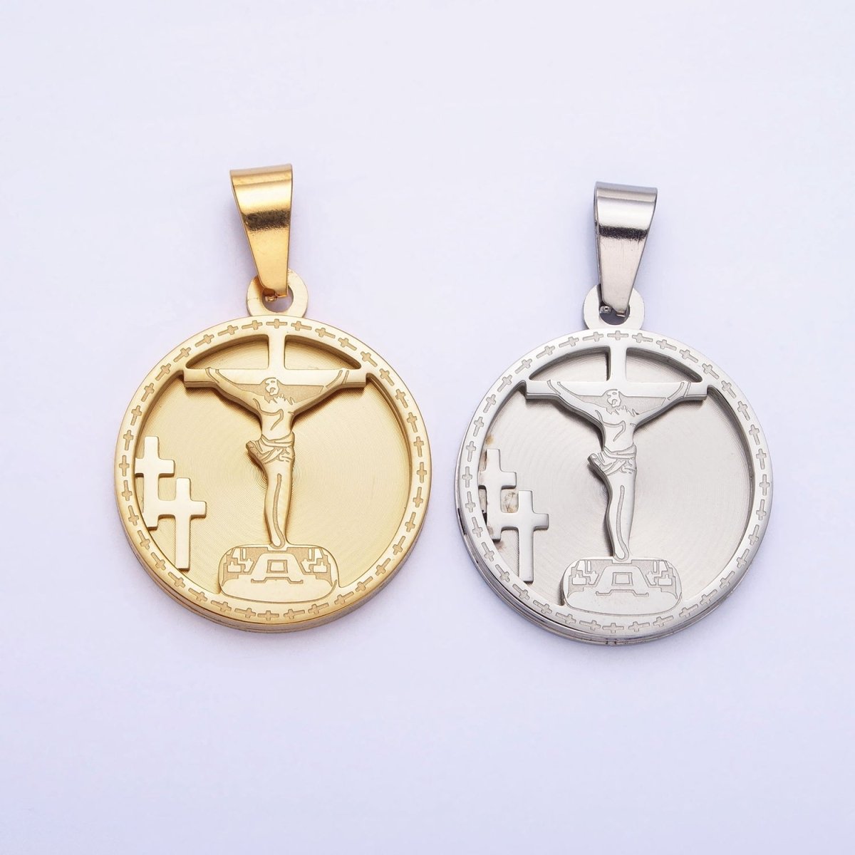 Medallion Gold Charm Stainless Steel Crucifix Cross Pendant in Gold Silver for Statement Religious Jewelry Making | P-1165